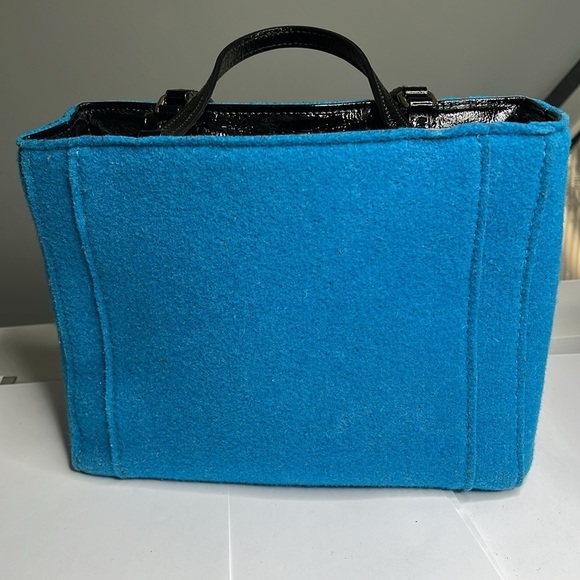Kate Spade Teal Wool and Black Patent Leather Structured Tote Bag - Picture 4 of 11